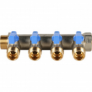 Коллектор STOUT c кранами 3/4" 4 выхода 1/2' (синие ручки) 